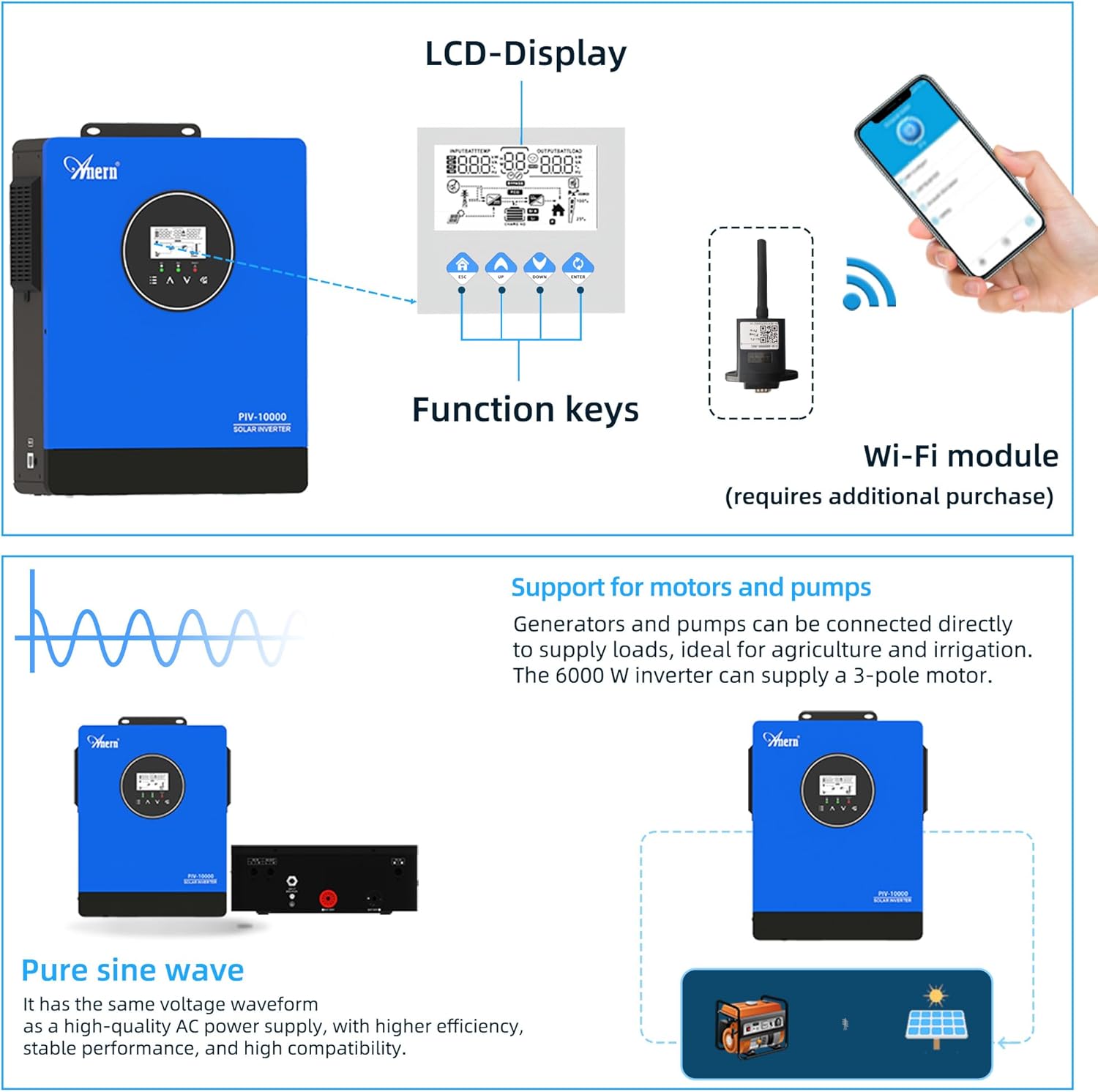 Anern 10KW Solar Inverter 220-230VAC, Pure Sine Wave Inverter with 3 Independent MPPT Solar Charge Controller Max PV 13500W, Battery-Free Design, Support Water Pump & Generator, for Off-Grid System