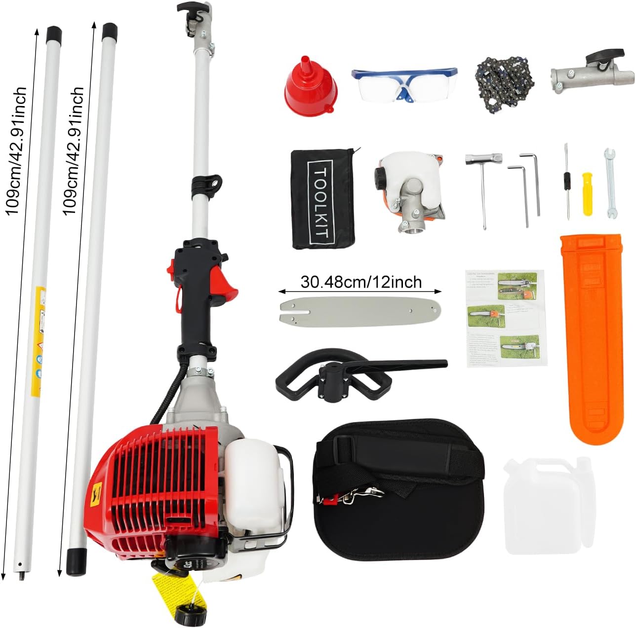 Gas Trimmer Saw, 43CC Gas Powered Pole Saw 7.8-11.4FT Adjustable Extension Pole Chainsaw with 12