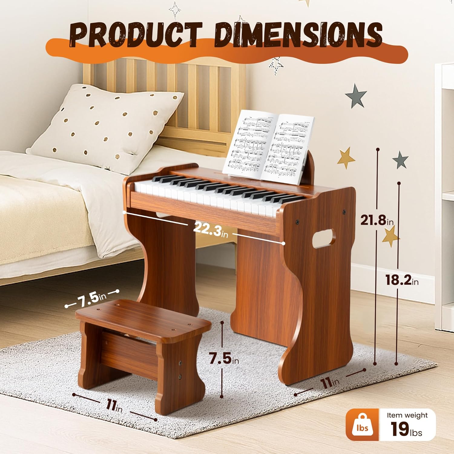 CAHAYA Kids Piano Keyboard Wooden - 37 Keys Digital Piano for child, Baby Piano Toy with Touch Controls Music Educational Instrument Set Wooden Toy for 3+ Girls Boys Gift