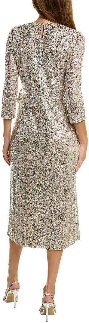 Anne Klein Womens Long Sleeve Faux Wrap Sequin Midi Dress