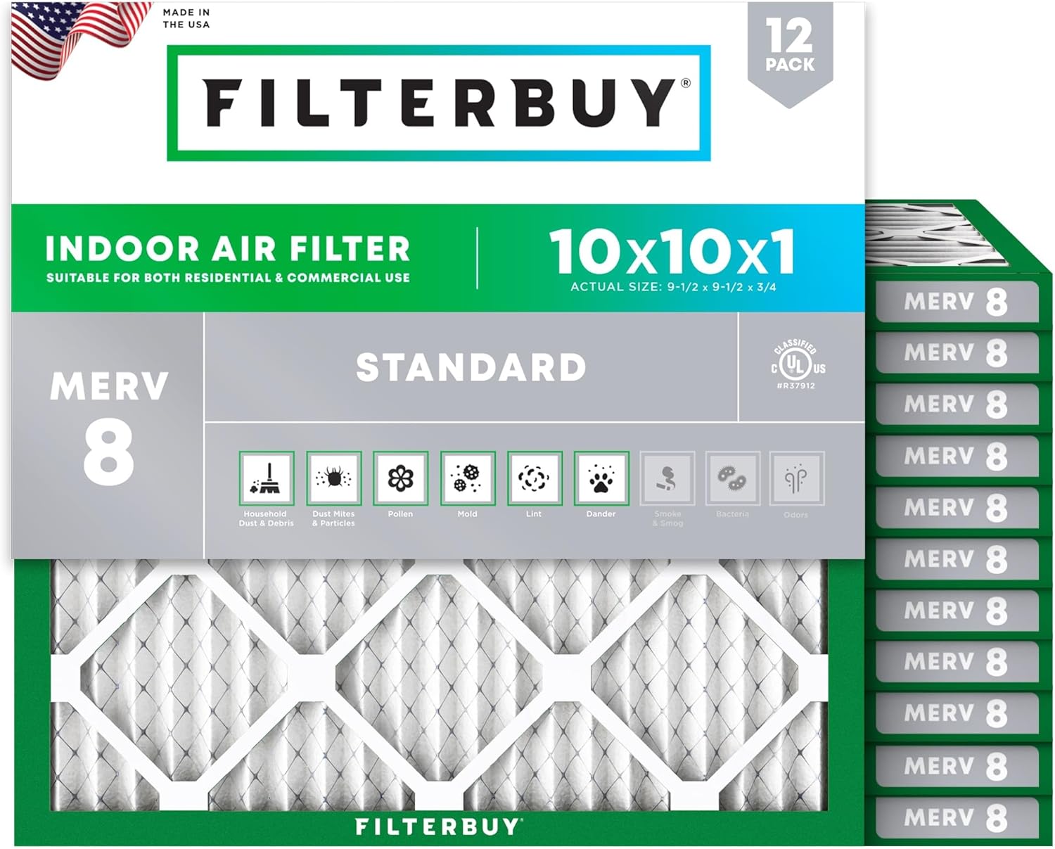 Filterbuy 10x10x1 Air Filter MERV 8 Essential Dust & Allergy Defense (12-Pack), Electrostatic Pleated HVAC AC Furnace Filters Replacement, Made in USA (Actual Size: 9.50 x 9.50 x 0.75)