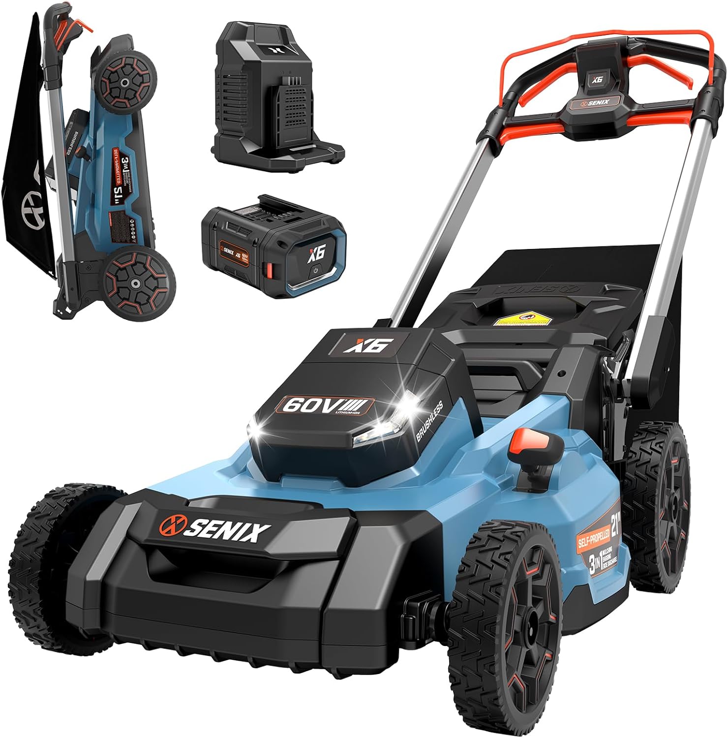 SENIX X6 60 Volt Max* 21-Inch 3-in-1 Cordless Push Lawn Mower,Self-Propelled,with Bagging,Mulching,Side Discharge,Height Adjustment,Smart Display,8Ah Lithium-ion Battery&Charger Included (LPSX6-H)