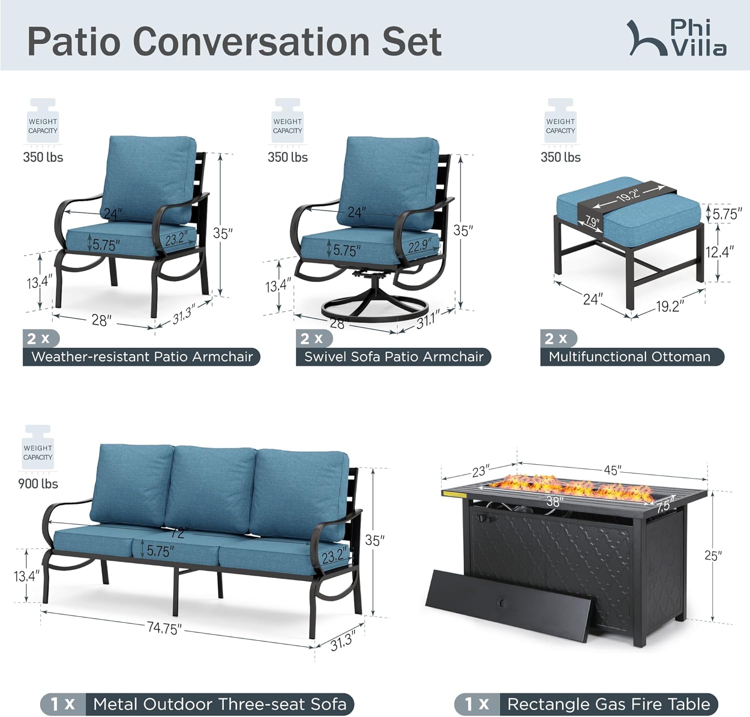 PHI VILLA Outdoor Patio Furniture Set, Swivel Sofa Chairs & 3 Deep Seat Sofa Bench, Gas Firepit Table, Upgraded Fabric Suitable for Outdoor Use, 8 PCS Navy Blue