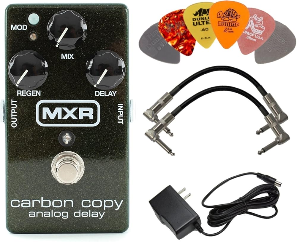 MXR M169 Carbon Copy Analog Delay Pedal BUNDLE with AC/DC Adapter Power Supply for 9 Volt DC 1000mA, 2 Metal-Ended Guitar Patch Cables AND 6 Dunlop Guitar Picks