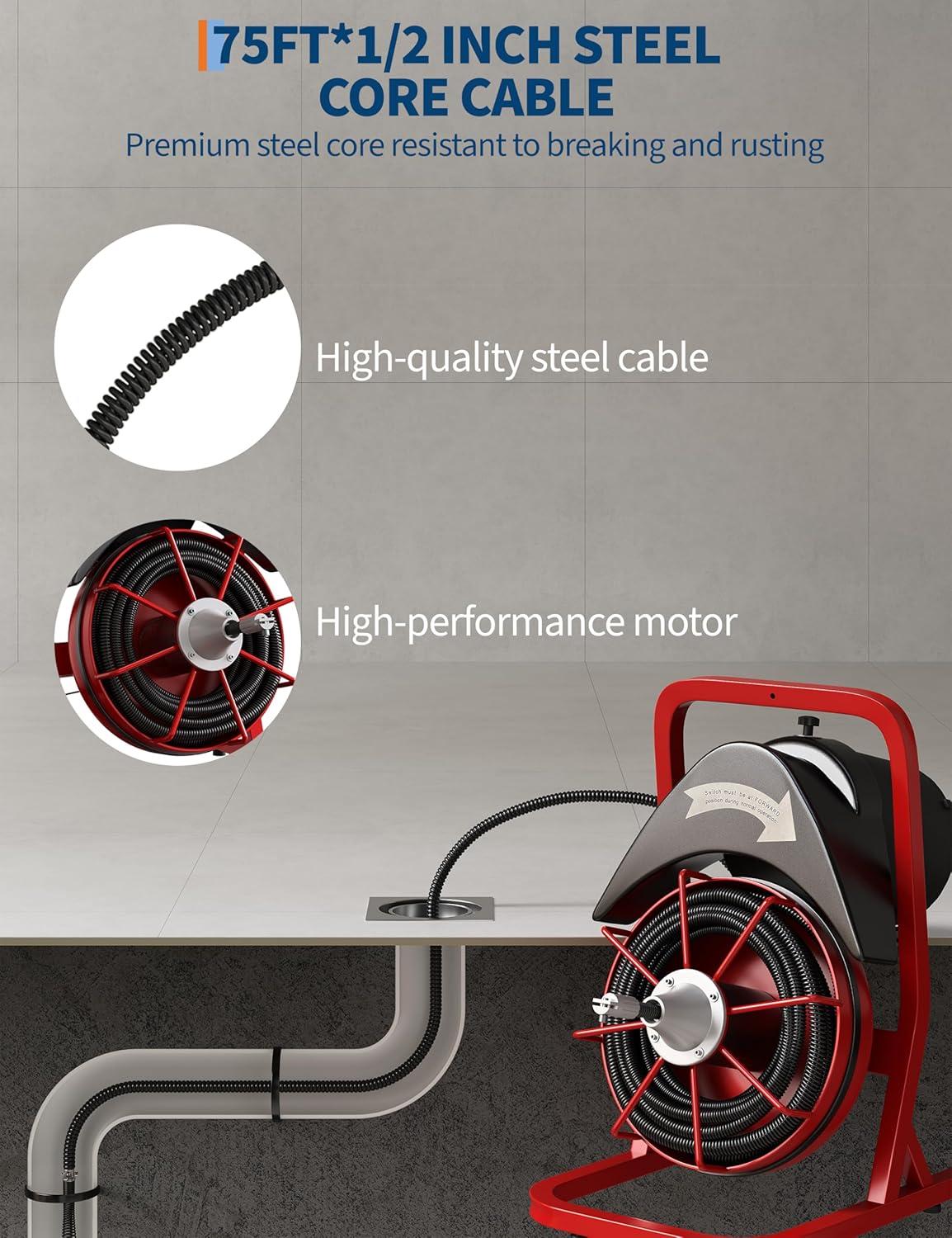 Drain Cleaner Machine 75FT x 1/2 Inch Steel Core Cable Portable 370W Electric Drain Cleaning Machine With Sewer Auger, Cutter, Air-activated Foot Switch, for Commercial, Home