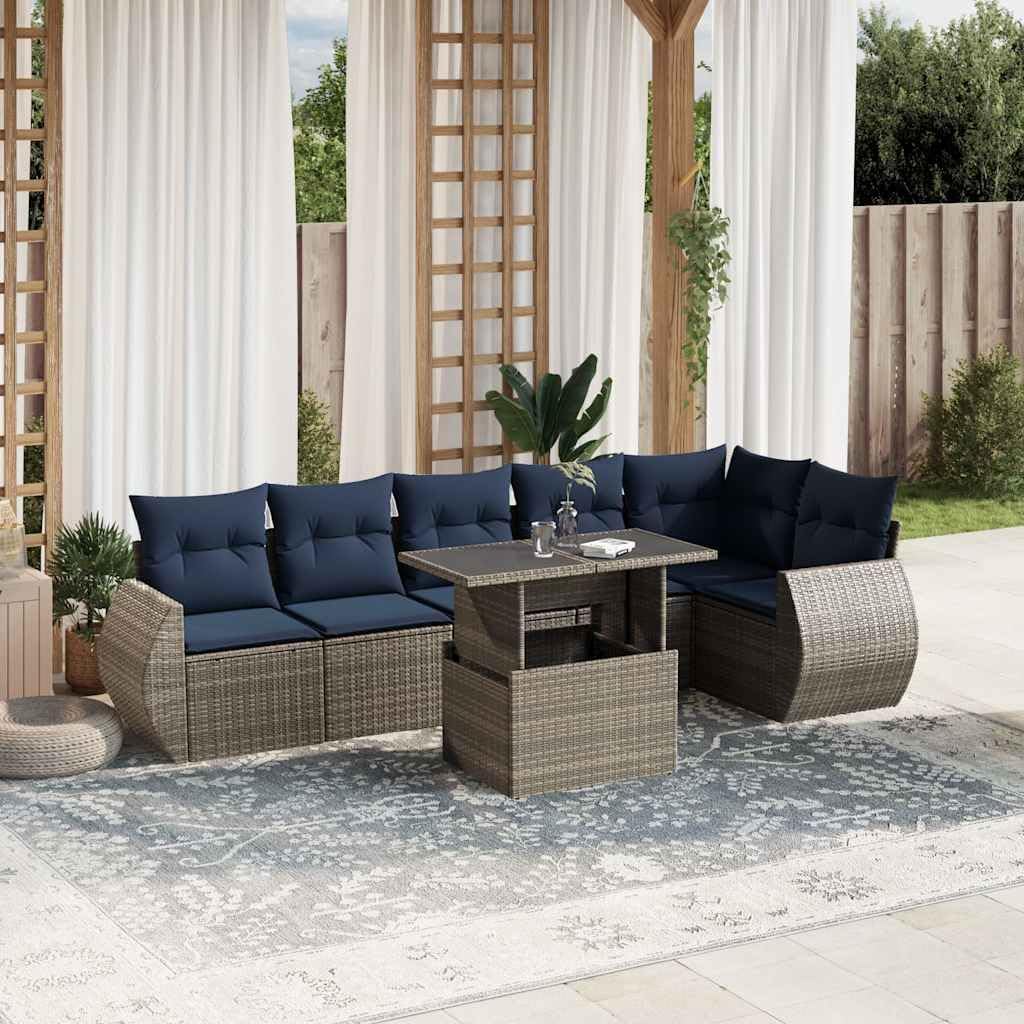 7 Piece Garden Sofa Set, Grey Poly Rattan Outdoor Furniture with Cushions, Modular Patio Dining Table & Chairs for Backyard Terrace