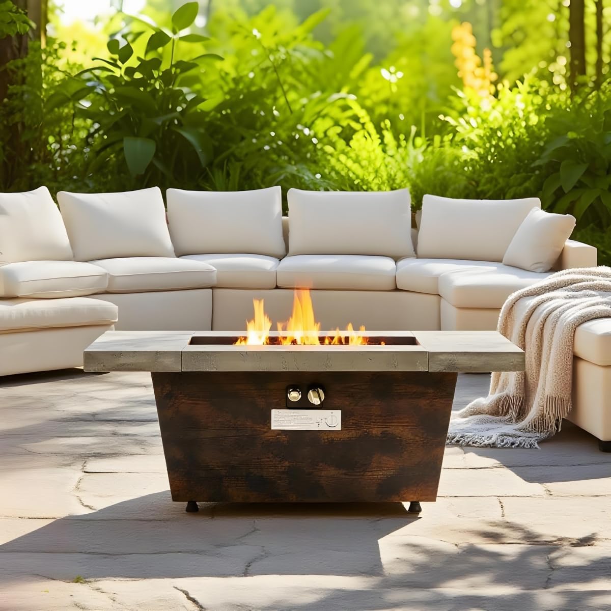 42-inch Rectangle Gas Fire Pit Table, 50,000 BTU Outdoor Firepit with Cement Texture Design & Volcanic Rocks for Patio, Backyard, Garden - Cement Grey
