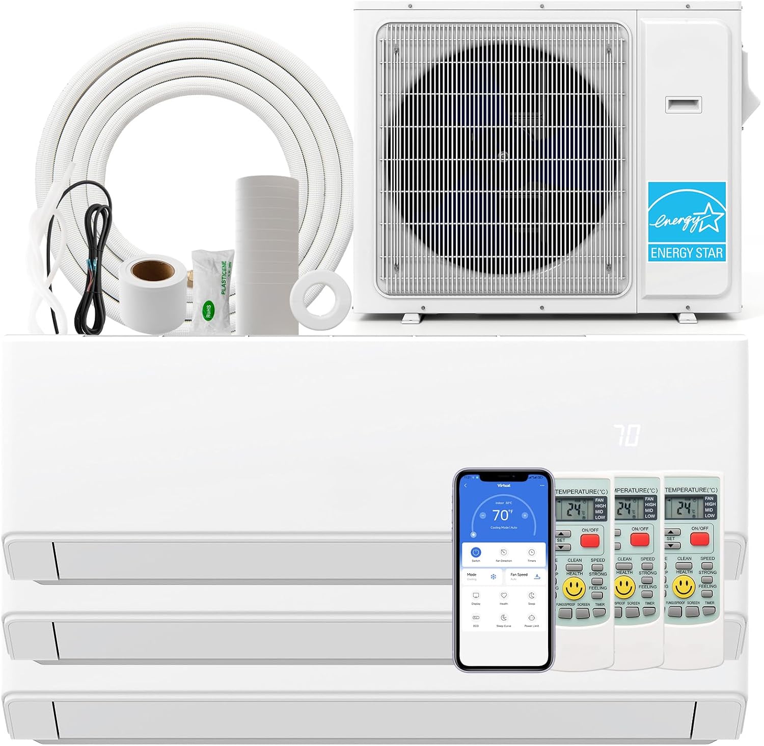 SIMOE 30K BTU Tri 3 Zone Mini Split Air Conditioner (7K 7K 9K BTU), Heat Lower as -13℉, Works with Alexa, 23 SEER2, Ductless Wall Mounted Air Conditioner with Pre-Charged Heat Pump & 16ft Install Kit