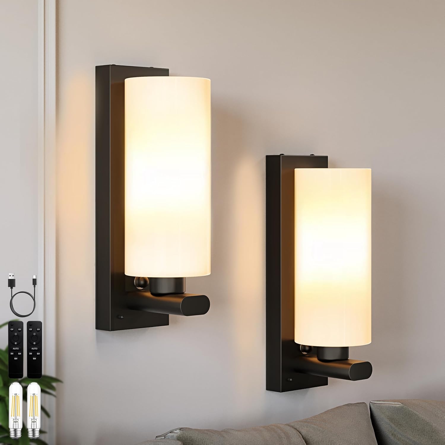 Battery Operated Wall Sconces Set of 2, Modern LED Wireless Wall Light with Remote, Touch Control, Dimmable, Timer, Black 3000K Warm White Wall Lamp for Living Room, Bedroom (Include 2 Special Bulbs)