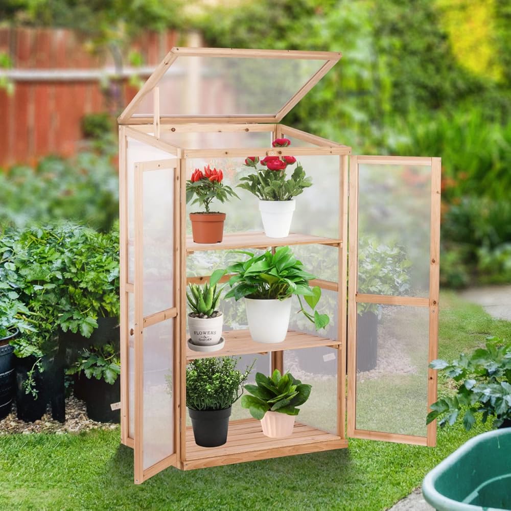 KAHOO Wooden Greenhouse 3 Tier Plant House Portable Greenhouses Bed Foldable Cold Frame for Home Decor Indoor Outdoor Patio Balcony Garden Backyard Farmhouse Flower
