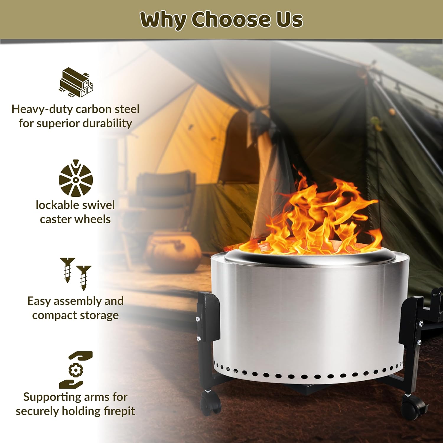 FEBTECH - 29.5 inch Portable Firepit Trolley Stand Compatible with Solo Stove Yukon and other 27 Inch Firepit - Fire Pit Stand with Support Arm for Effortless Fire-pit Mobility - Solo Stove Accessories