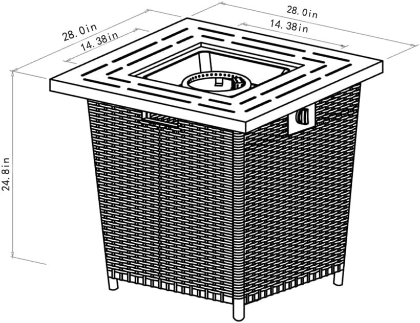 28” Propane Gas Fire Pit Table with 50,000 BTU Heat, Durable Square Steel Top and Stylish Wicker Base – Perfect for Outdoor Patio, Deck, Garden, Backyard