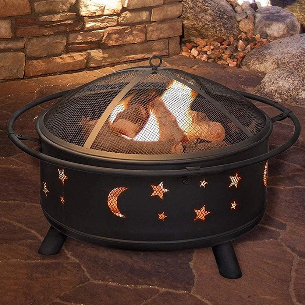 Small Firepit, Fire Pit with BBQ Grill Shelf, Outdoor Metal Brazier Star Moon Shape Garden Patio Heater Camping Bowl BBQ with Grill, Mesh Lid, Grate
