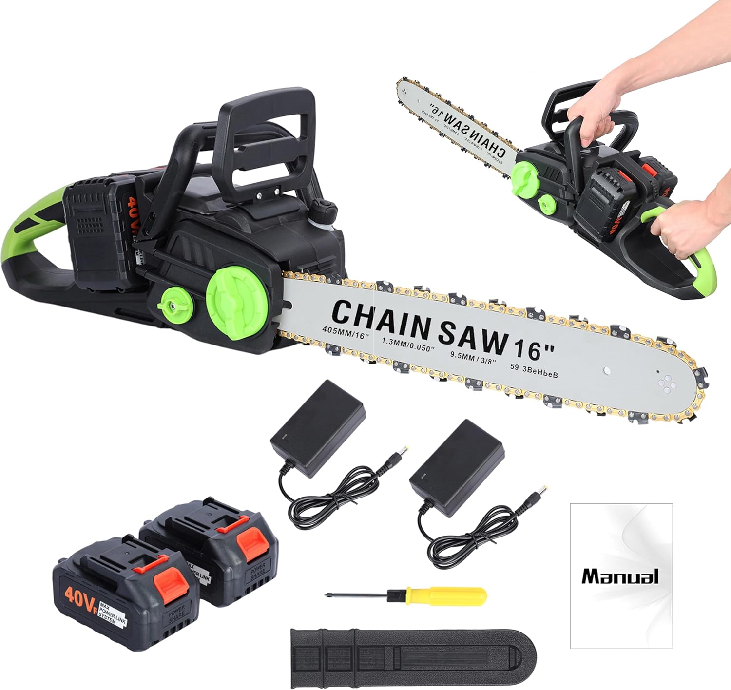 Cordless Chainsaw 16 Inch, Brushless Motor Electric Chainsaw, 40v Battery Powered with 2 Batteries and Dual Port Rapid Charger Included, Ideal for Tree Felling ，Tree Felling Wood Cutting (Green)