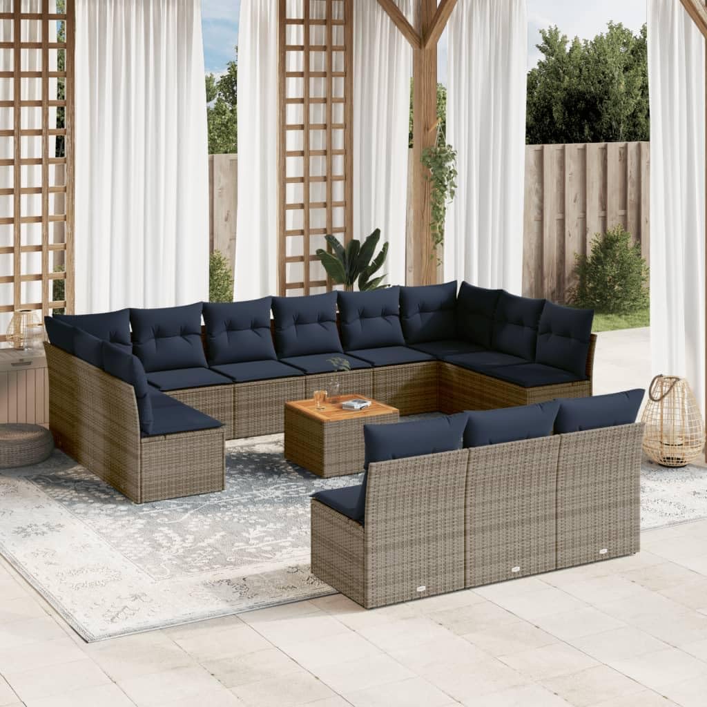 14 Piece Patio Sofa Set with Cushions, Gray Poly Rattan Outdoor Furniture, Acacia Wood Tabletop, UV-Proof, for Backyard Balcony