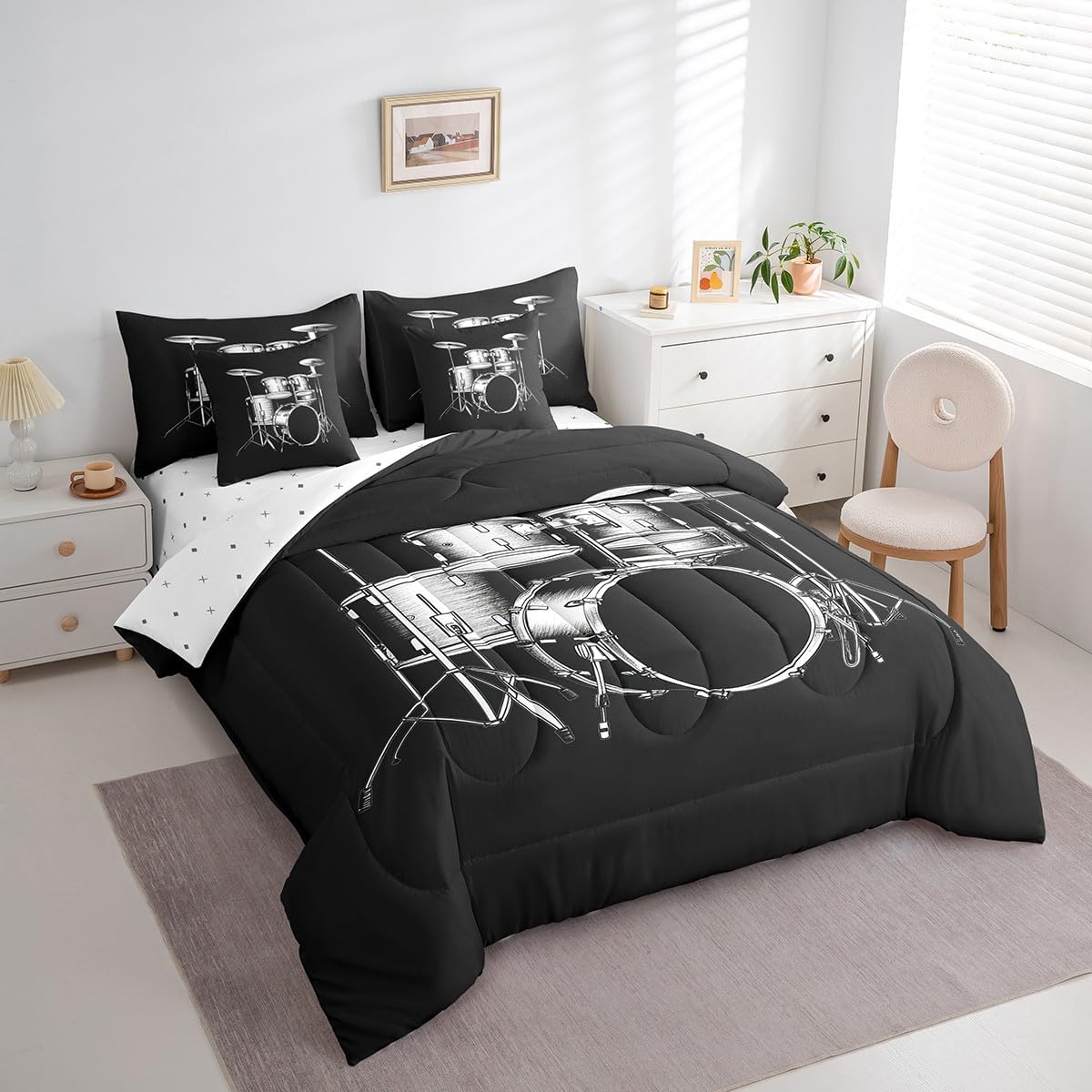 Feelyou Queen Drum Kit Comforter Set with Sheets for Kids Toddler Drum 7 Piece Bedding Set for Boys Girls Bed Set Includes Comforter, Sheet Set, Pillowcases & Pillow Covers - Super Soft Breathable