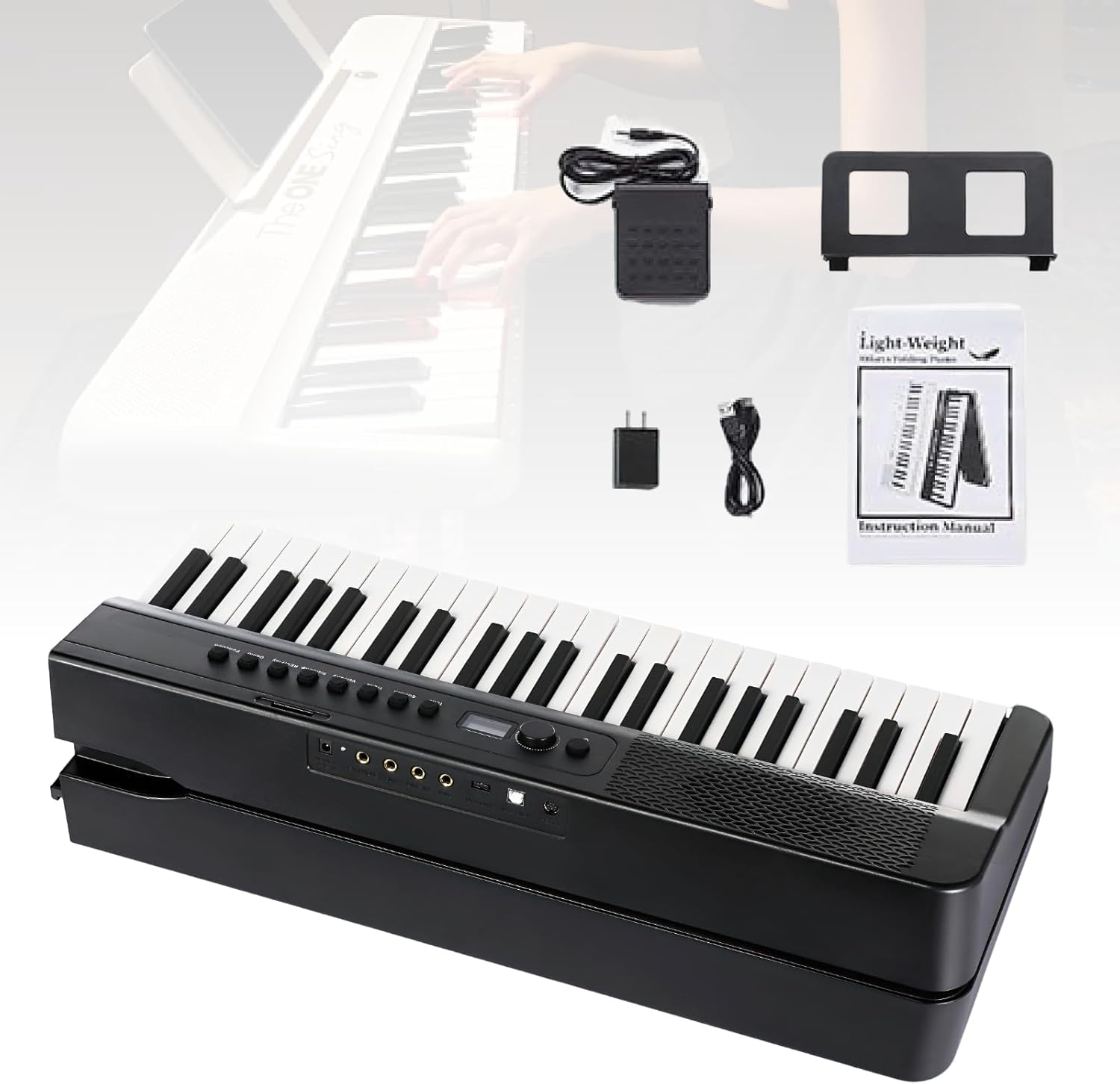 This is a foldable, full-size 88-key digital piano with a power adapter, music stand, and piano bag, suitable for beginners.