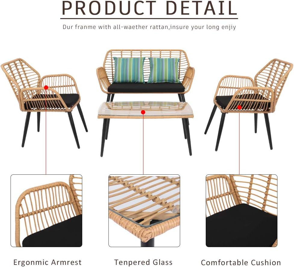 Rattan Garden Furniture 4 Piece Set, Patio Outdoor Conservatory Wicker Chairs Set includes 1 Double seat Sofa, 2 Armchairs and Glass Top Side Table