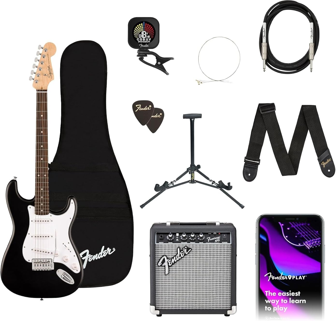Fender Squier Debut Series Stratocaster Electric Guitar Kit, Beginner Guitar Kit, with 2-Year Warranty, with Padded Gig Bag, Frontman 10G Amp, Guitar Strap, and More, Includes Free Lessons, Black
