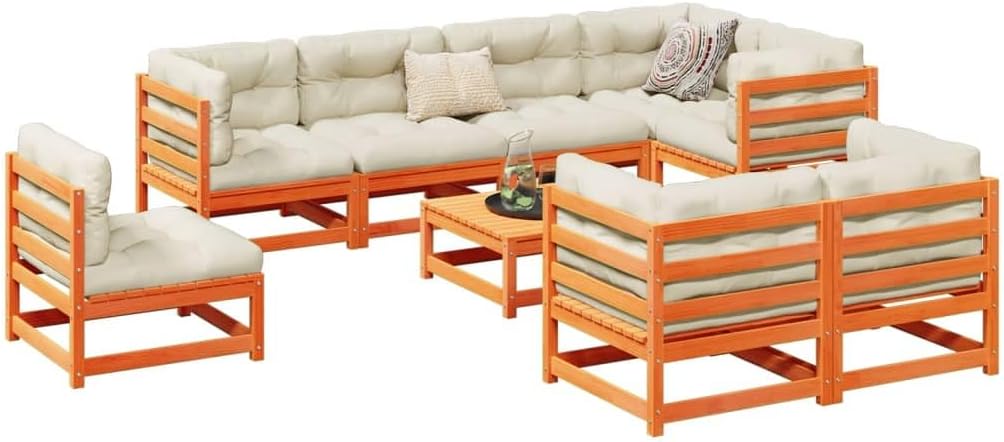 9 Piece Patio Sofa Set with Cushions Wax Brown Solid Wood Pine, Patio Furniture Sets, Outdoor Furniture