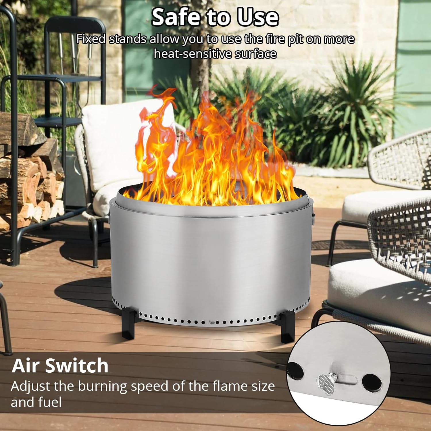 Portable Smokeless Firepit for Wood Burning, Removable Ash Base, Stainless Steel, Outdoor Fire Pit with Stand and Carrying Handel for Camping or Backyard Party