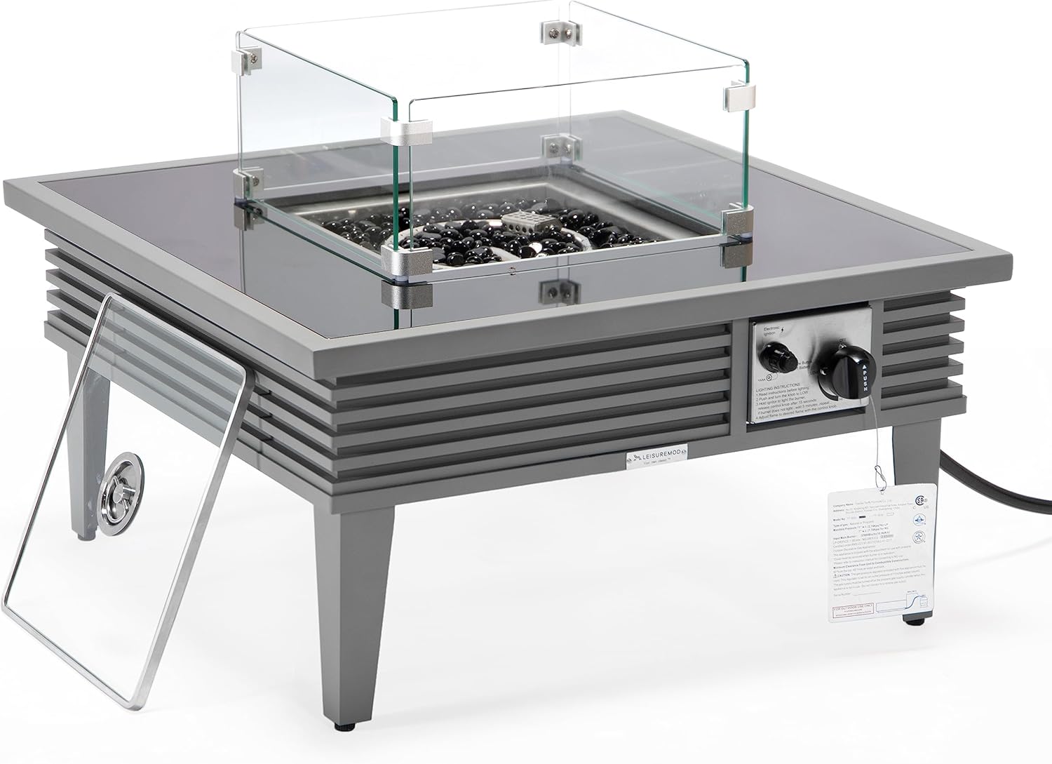 LeisureMod Walbrooke Modern Outdoor Square Fire Pit Table with Powder-Coated Aluminum Frame and Slats Design for Patio and Backyard Garden, Grey