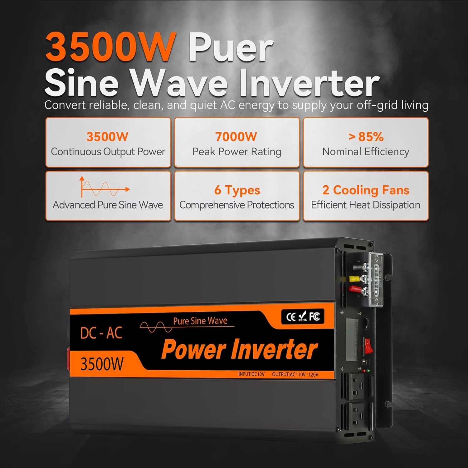 PowMr 3500W Pure Sine Wave Power Inverter 24V DC to 110V AC Converter with USB Port, Remote Control Panel, fit for RV, Truck, Solar System, Off-Grid Applications