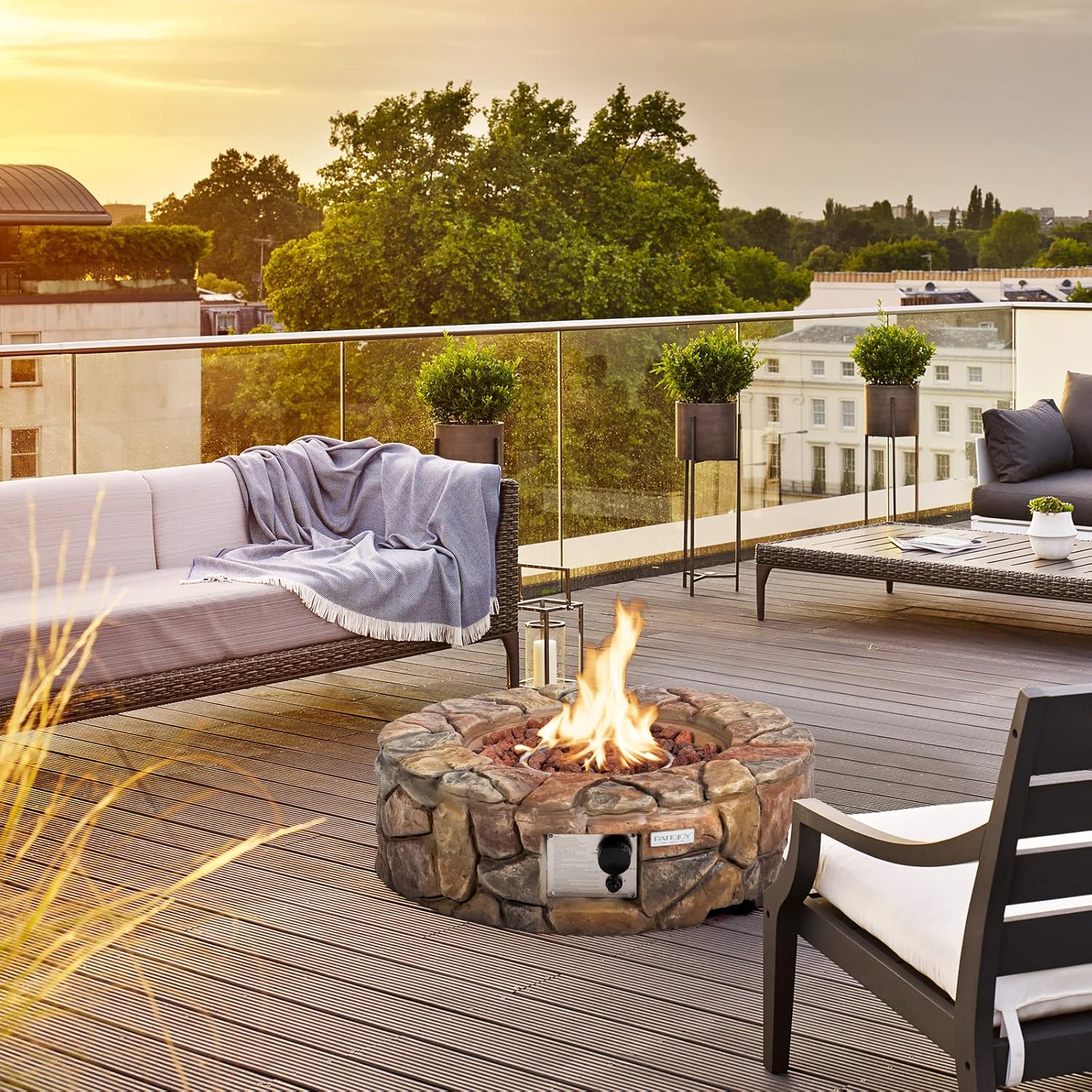 S AFSTAR Propane 40,000 BTU Gas Fire Pit Stone, Outdoor Gas Burner w/Electronic Ignition Lava Rocks, Weather-Resistant Pit Cover, Ideal for Patio Garden Backyard Deck, Gas Fire Pit Table (Brown)