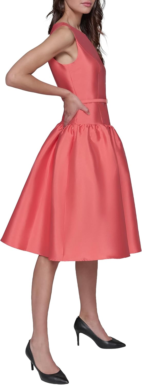 Karl Lagerfeld Womens Sleeveless Boat Neck Drop Waist Belted Midi Dress