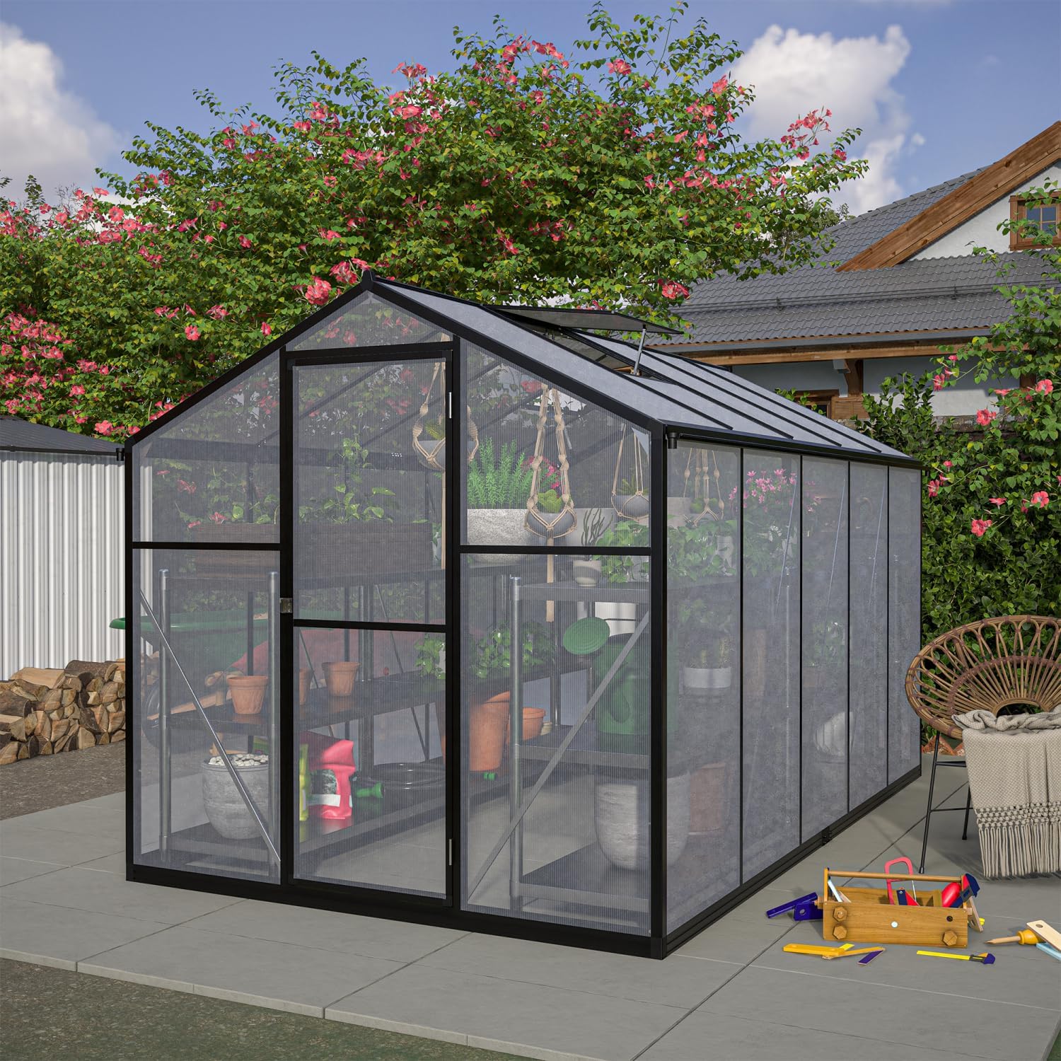 6X10 Ft Outdoor Aluminum Greenhouse Kit - Walk-in Garden Green House with Lockable Door, Adjustable Roof Vent