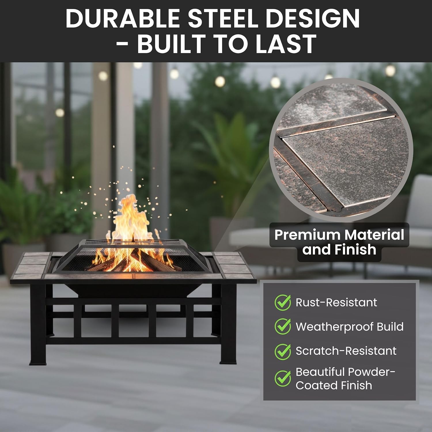 Fire Pit Set, Wood Burning Pit -Includes Screen, Cover and Log Poker- Great for Outdoor and Patio, 37Â” Marble Tile Rectangular Firepit by Pure Garden