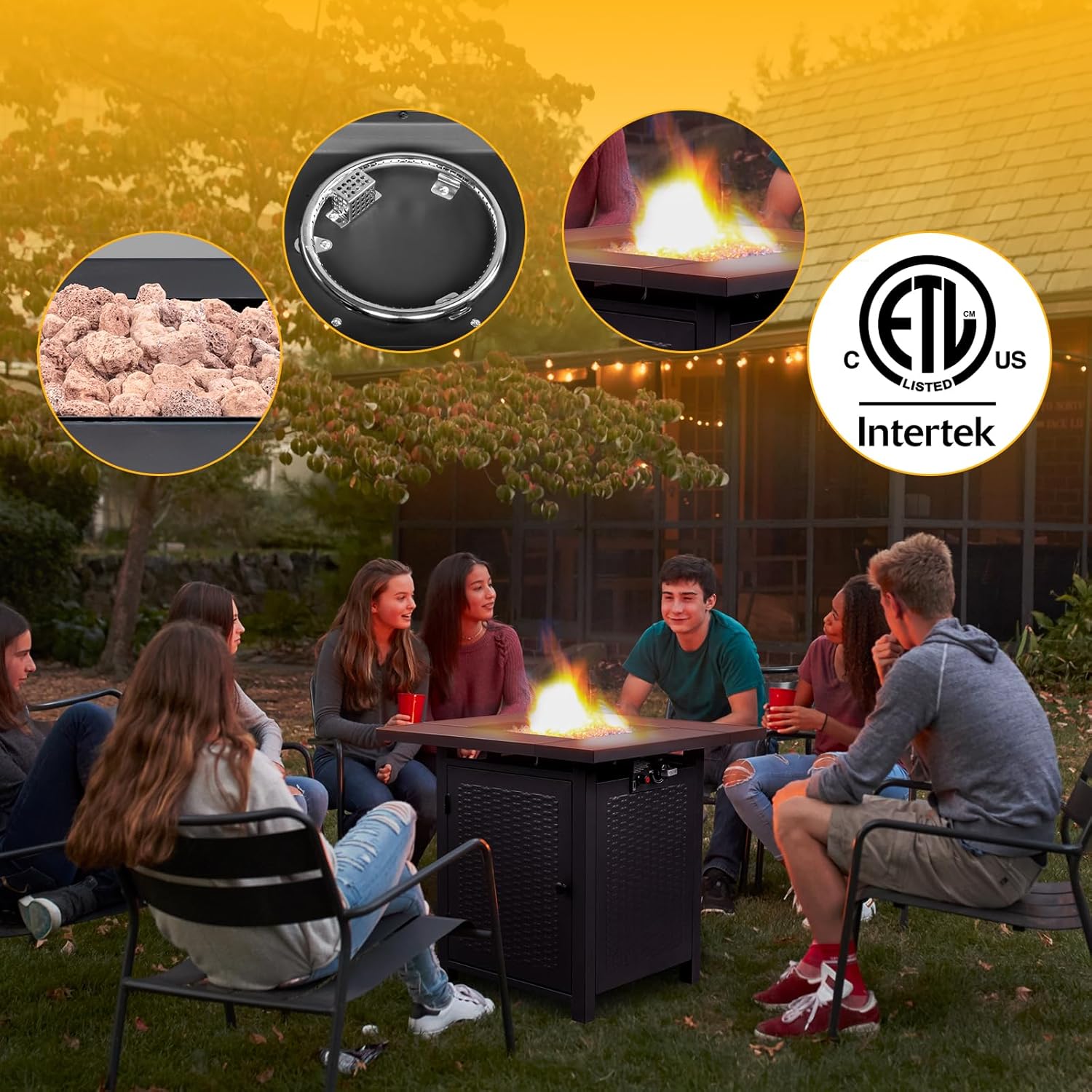 28-Inch Fire Table，50000 BTU Gas Firepit with Volcanic Stone Black