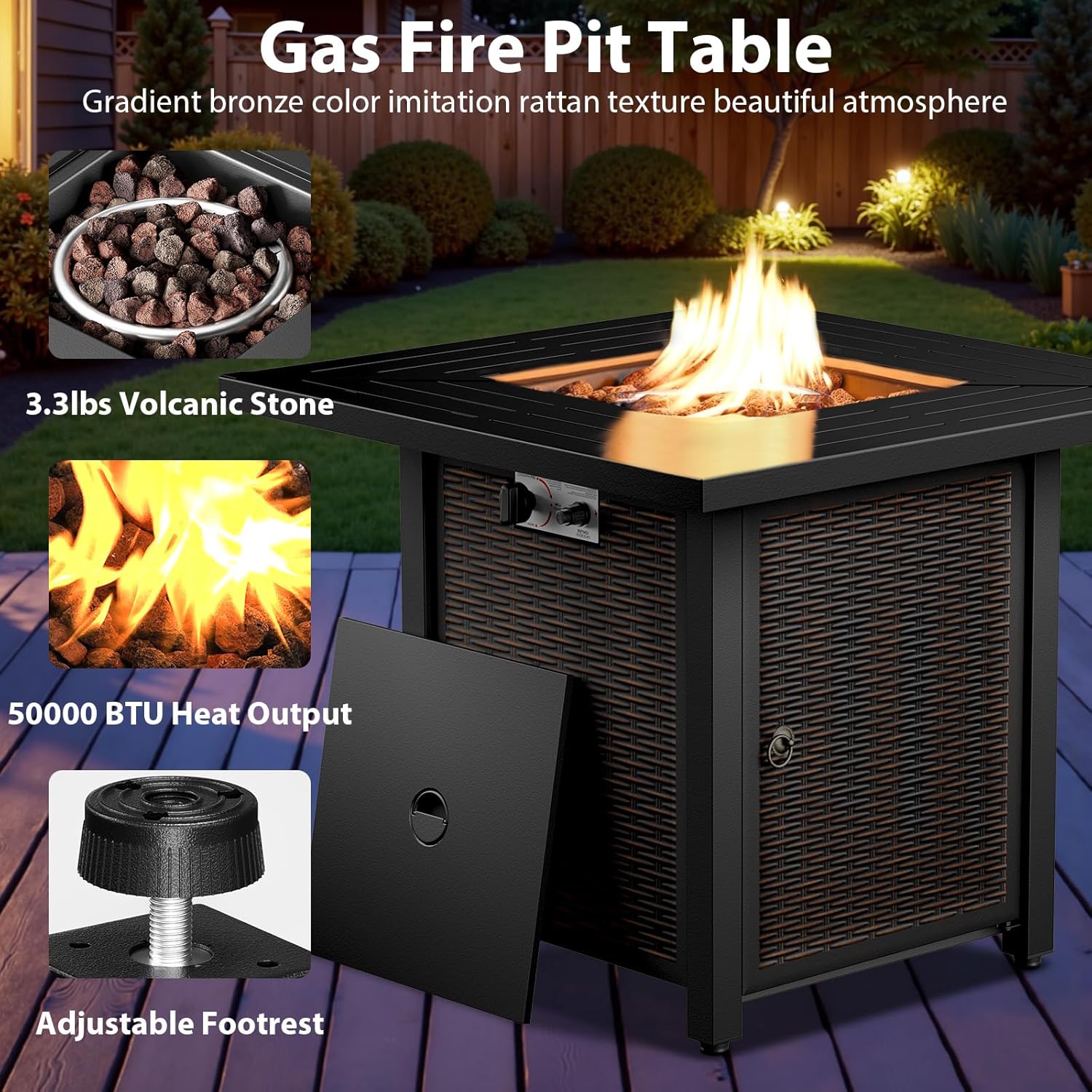 7 Piece Patio Furniture Set with Fire Pit Table - Wicker Patio Conversation Set with 4 Swivel Glider Chairs and 2 Tempered Glass Side Tables for Deck Backyard - Grey Wicker Red Cushion