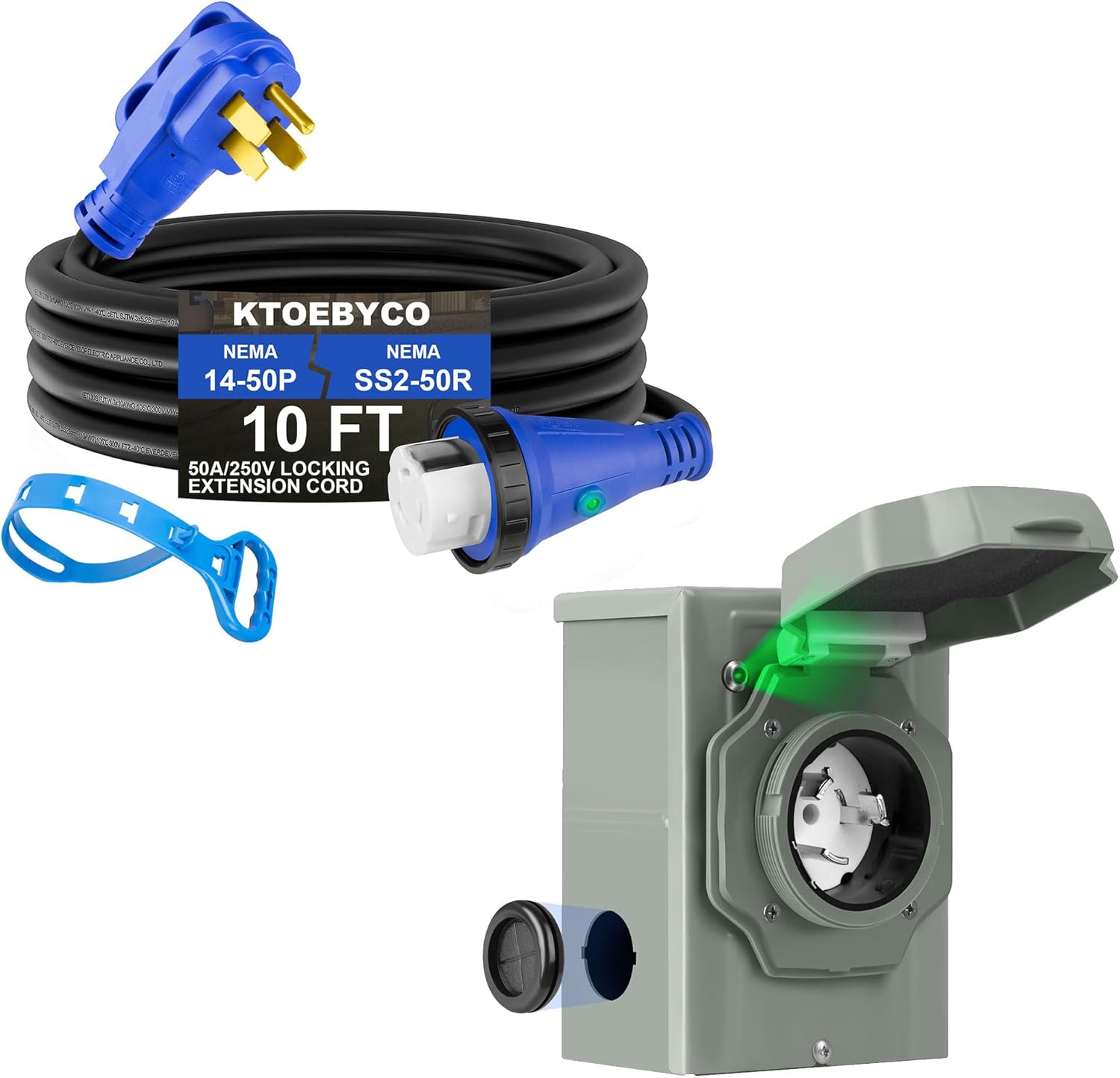 50 Amp RV Extension Cord 10 ft, NEMA 14-50P to SS2-50R Cable & 50 Amp Generator Inlet Box, NEMA SS2-50 Pre-Drilled Power Inlet Box for 3 Prong Generator Cord