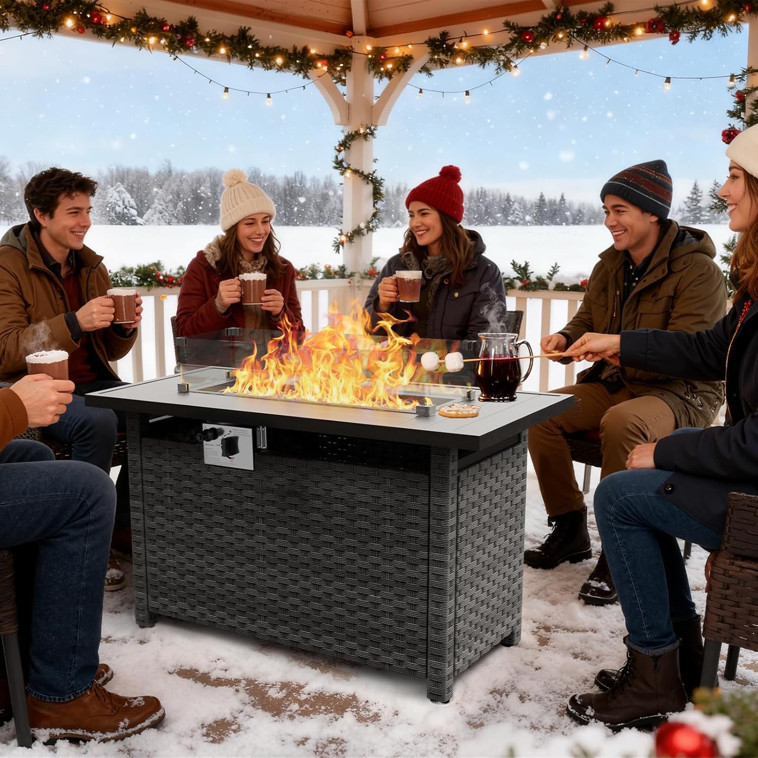 44” Propane Fire Pit Table, CSA Certified 60000BTU Auto-Ignition Patio Fire Tables with Waterproof Cover & Wind Guard, Rectangular Large Wicker Outdoor Firepit Table for Porch,Deck,Backyard,Grey