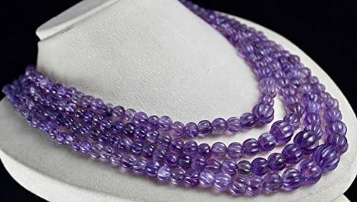 4 Line Natural AMETHYST Carved MELON Beads NECKLACE 20 INCHES 14 MM TO 5 MM