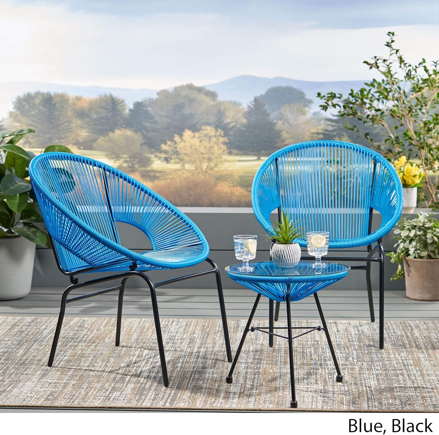 Great Deal Furniture GDFStudio Outdoor Modern 2 Seater Faux Rattan Chat Set, Blue and Black