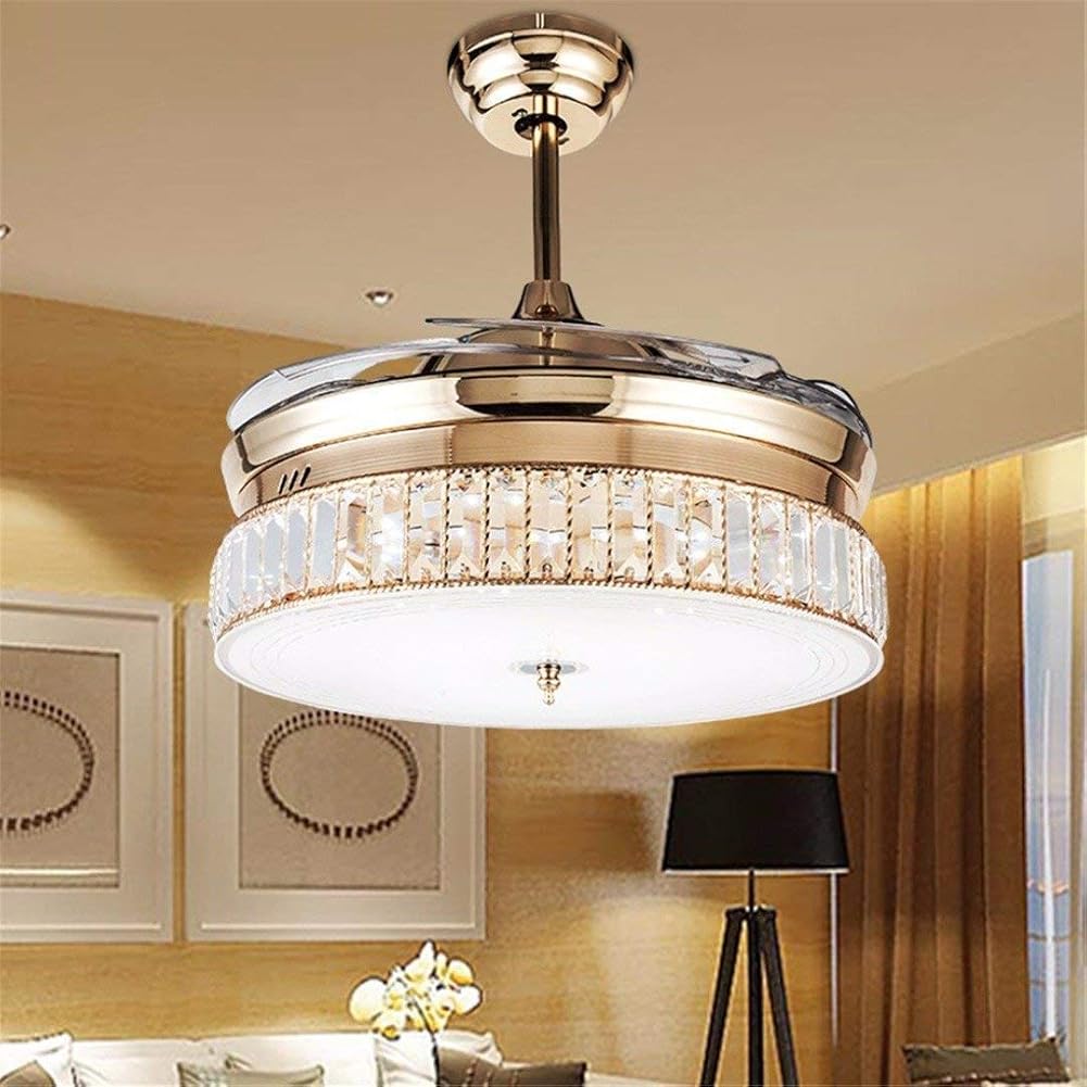 MORE CHANGE Crystal Ceiling Fan with 4 Retractable Blade, Chandelier Ceiling Fan with Lights and Remote, Gold 36 inch for Living Room/Bedroom