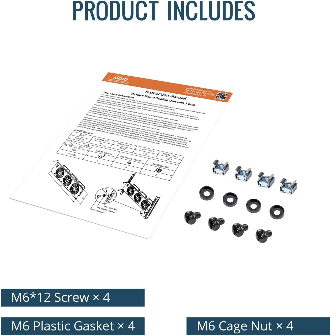 Tecmojo 3U Rack Mount Fan Panel, 3 Fans Cabinet Cooling Fans, 19in 6ft Cord Server Cooling System for Audio Rack and AV Cabinet in Office, Theater(Vertical Assemble)