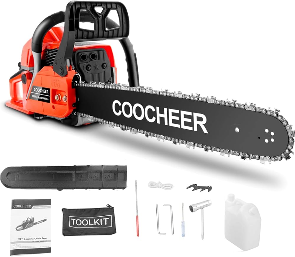 COOCHEER 62CC Gas Powered Chain saws, 20Inch 3.5HP 2-Stroke Gasoline Chain Saw with for Tree Stumps, Limbs, Tree Felling, and Firewood Cutting(Black&Red 2023 Updated)