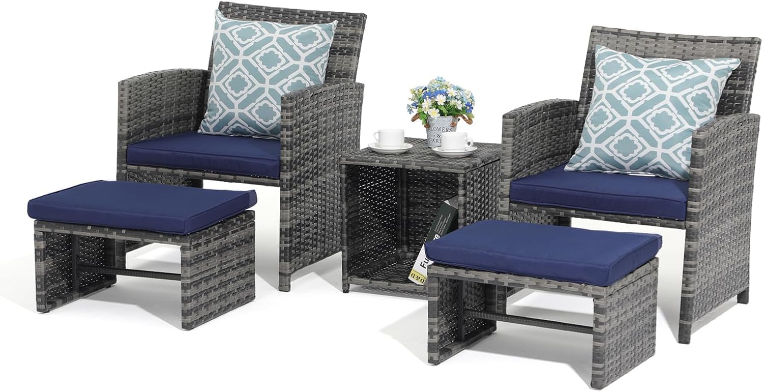 OC Orange-Casual 5 Piece Patio Furniture Set, Wicker Outdoor Conversation Chair and Ottoman Set with Coffee Table, Pillows Included, for Balcony, Porch, Deck, Navy Blue
