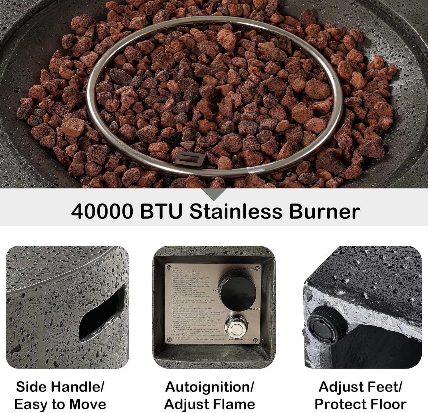 Outdoor Fire Pit, 56 inches Rectangle Propane Gas Patio Fire Table 50,000 BTU Concrete Travertine Design, Low Firepit Table with Lava Rocks, Waterproof Cover (Grey)