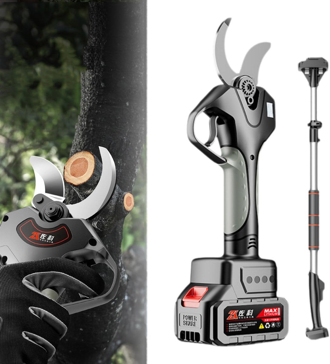 Cordless Pruning Shears, Electric Garden Shears, Electric Pruning Shears, 4.5 Cutting Diameter, with 2.1M High Reach Extension Pole,for Tree Trimming 银色开口6.0厘米+电池+延长杆