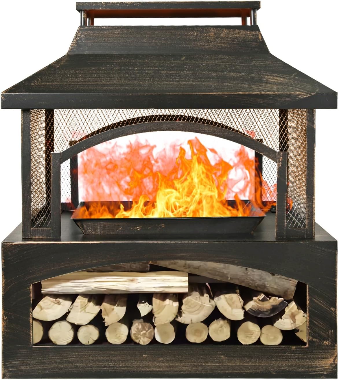 37-Inch Rectangular Metal Outdoor Wood Burning Fireplace - Outdoor Fireplace with Built-in Log Storage and Poker-Brushed Bronze,Log Burner Fire Pit for Patio Garden and Backyard