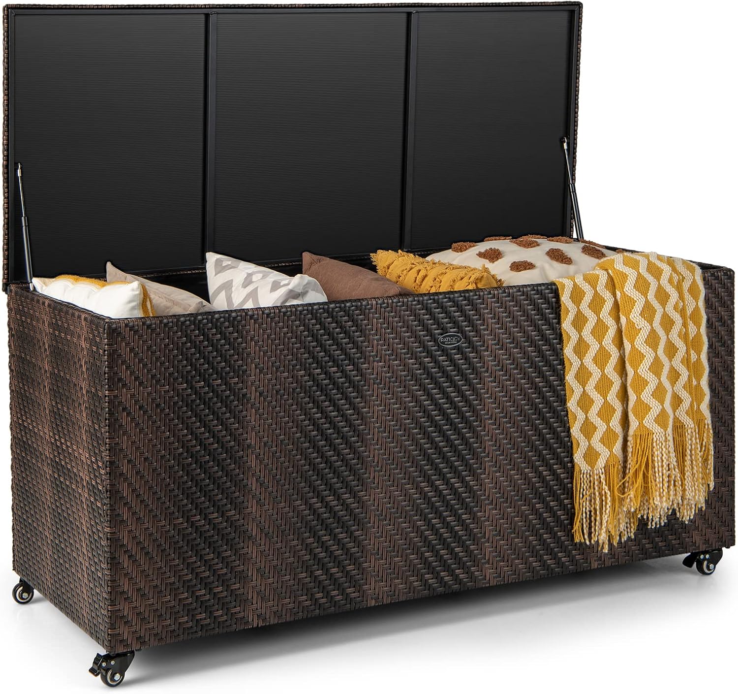 HAPPYGRILL Outdoor Rattan Deck Box, 96 Gallon PE Wicker Patio Storage Box with 4 Wheels and Liner, 2-in-1 Multifunctional Storage Box for Patio Furniture Cushions Garden Tools Pool Accessories