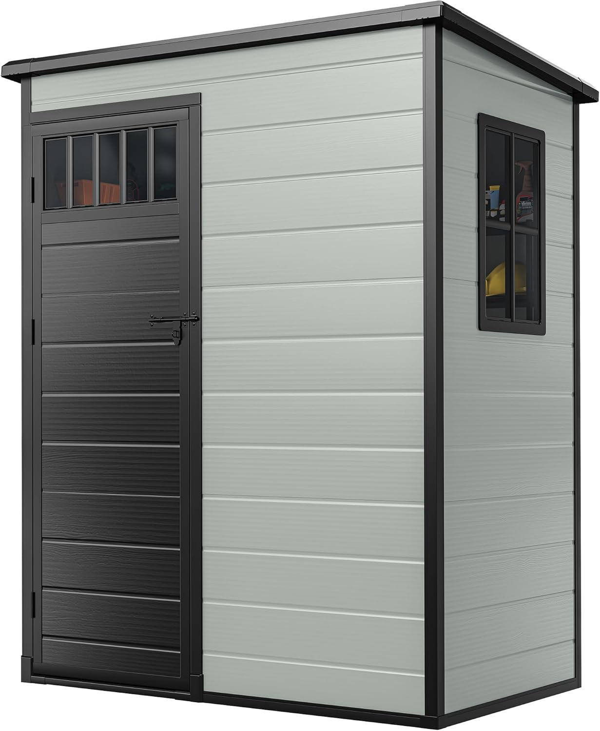 DWVO 5x3FT Outdoor Storage Shed with Fence-Style and Side Windows, Floor, Lockable Doors, Plastic Storage for Backyard and Garden, Blue-Gray