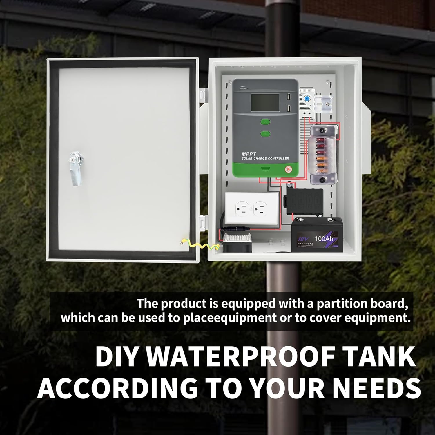 NEMA Outdoor Electrical Box (15.7″ x 11.8″ x 7.9″) Metal Enclosure, Universal IP Waterproof Equipment Box w/DC Fan & 12V Adapter, Removable DIY Mounting Plate, One-Piece Ventilation