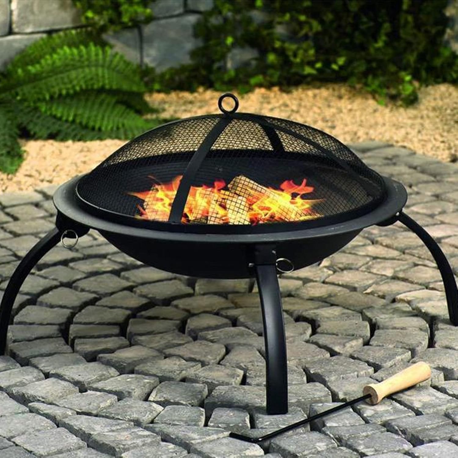 Portable Outdoor Fire Pit Bowl, Wood Burning Firepit w/Mesh Spark Screen Cover,Grill Grate, Poker, Bonfire Patio Fire Pit Heater