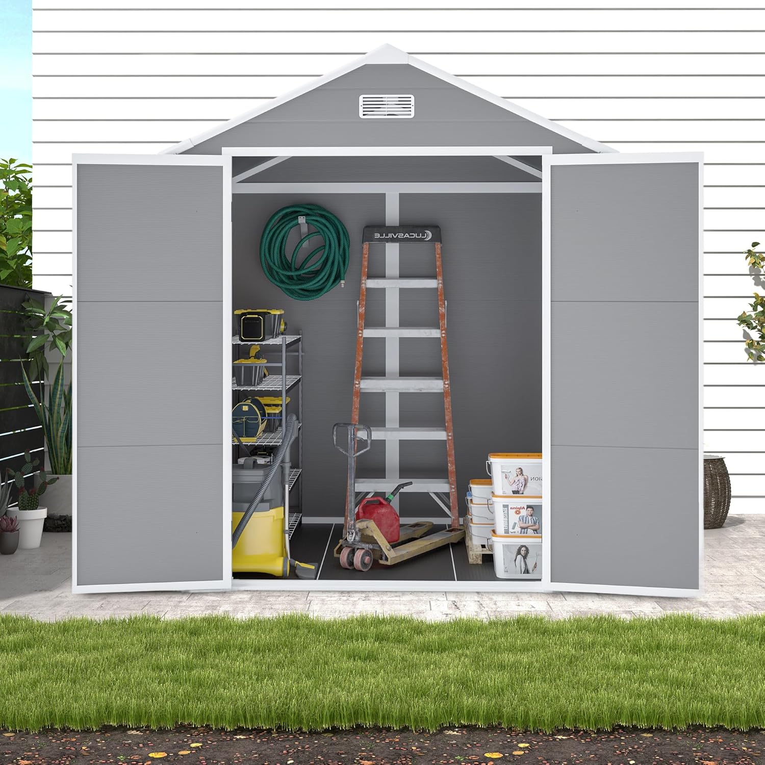 6' x 5' Outdoor Storage Shed, Resin Garden Shed with Windows, Lockable Door and Vents, Plastic Tool Storage for Patio Furniture, Lawnmower and Bike Storage, All Weather Use (6' x 5')