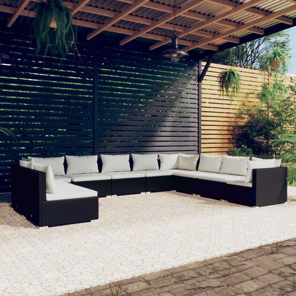 10 Piece Patio Lounge Set with Cushions Black Poly Rattan, in Leisure with Our Modular Poly Rattan Patio Lounge Set: for Outdoor Relaxation Patio Furniture, Outdoor Furniture Sets